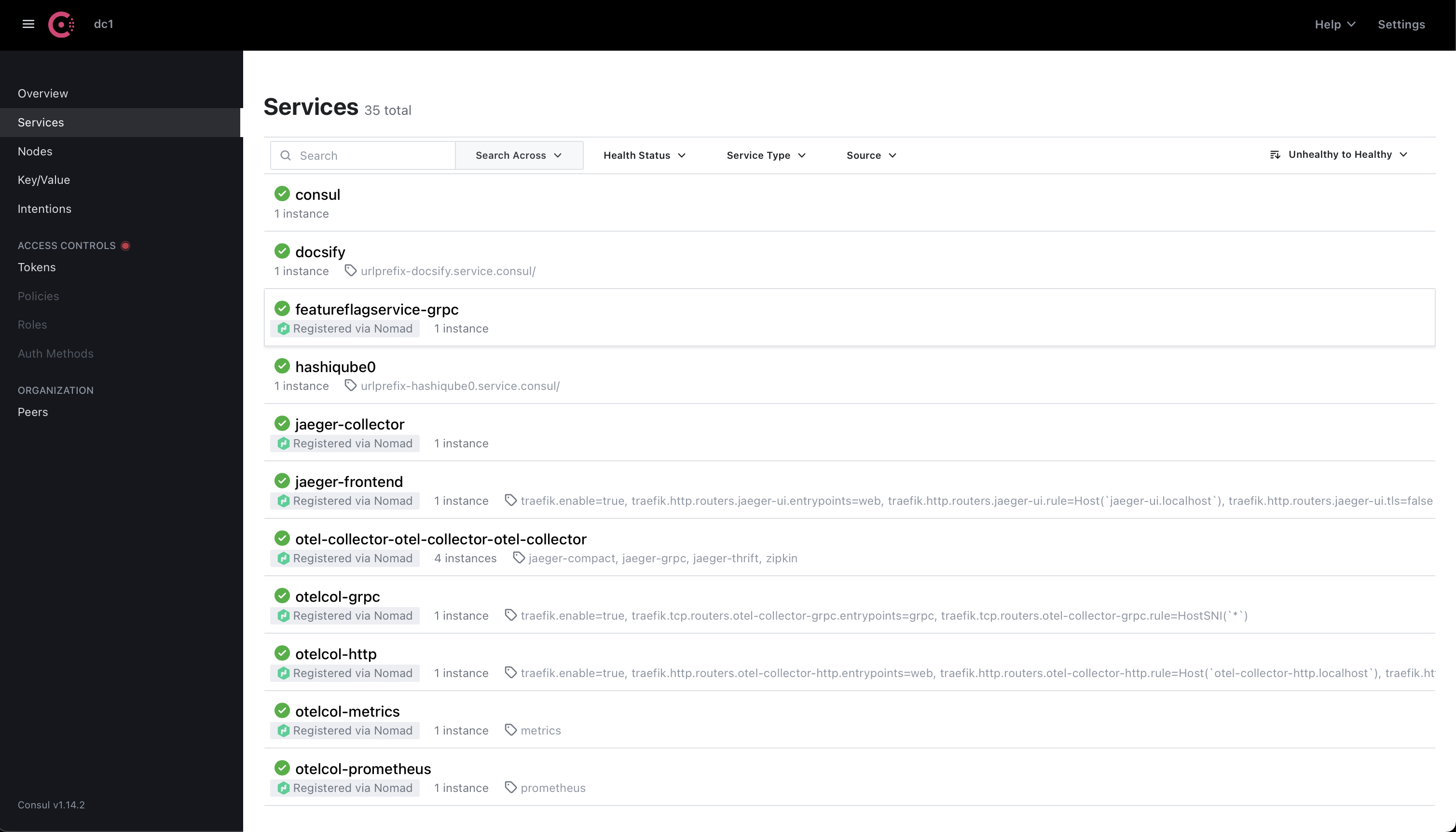 Consul のサービスヘルスのスクリーンキャプチャ。すべてのサービスが正常